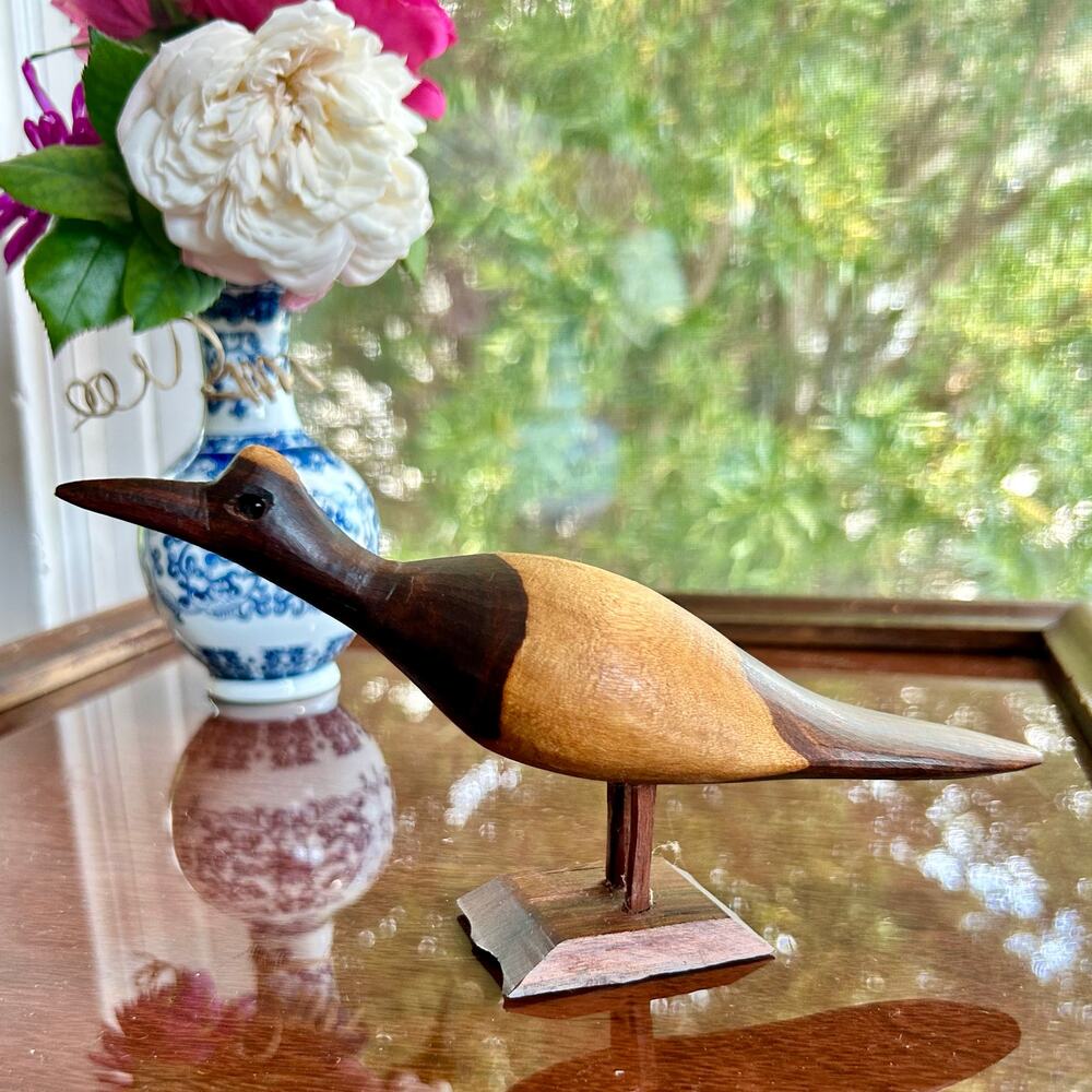 Vintage Hand-Carved Wooden Bird Figurine on Stand – 8” Long Folk Art Decor